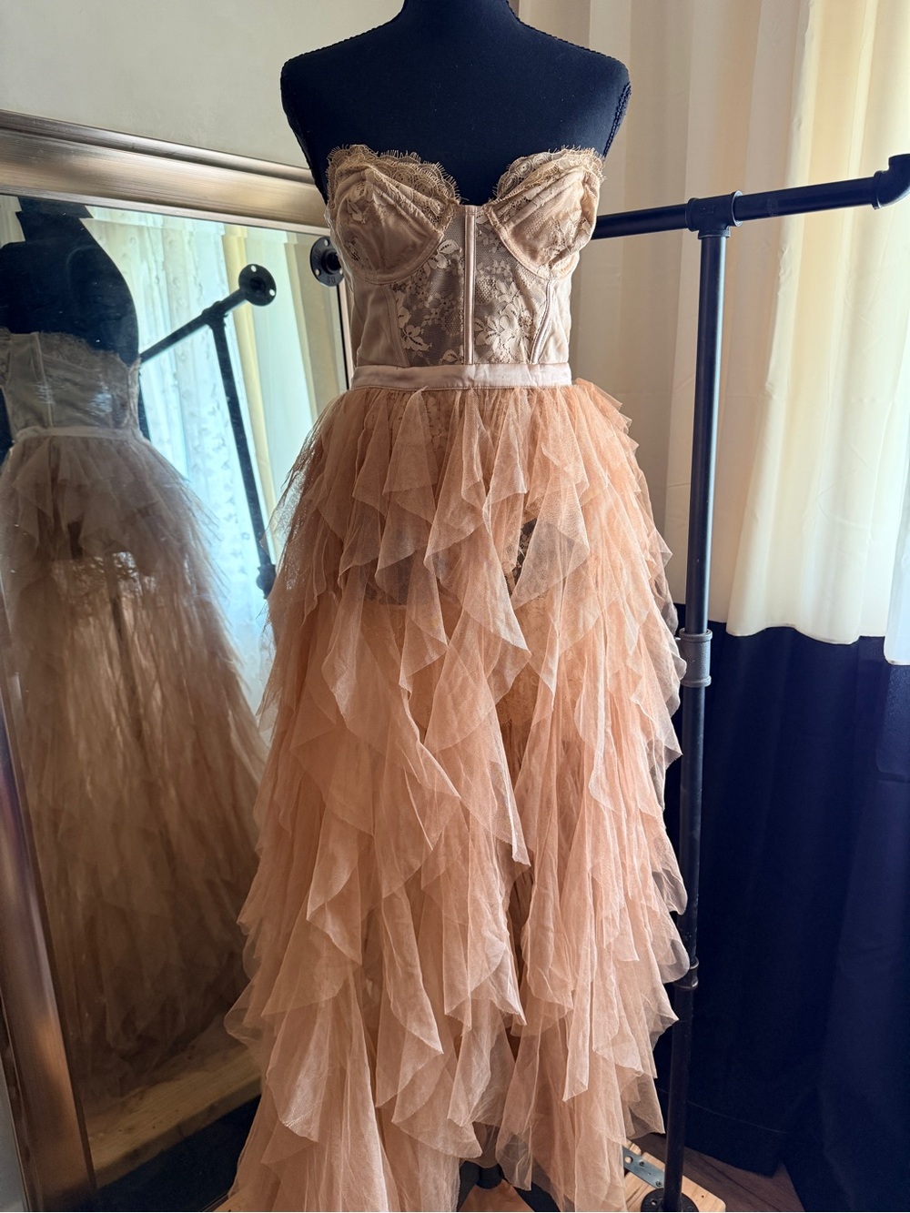 For Love & Lemons | Bustier Ruffled Tulle Strapless Gown in Warm Taupe